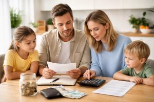 Eine Familie sitzt gemeinsam am Küchentisch und prüft Dokumente, Taschenrechner und Bargeld, während ein Sparglas mit Münzen im Vordergrund steht. Die Szene vermittelt Familienfinanzplanung in Deutschland angesichts steigender Lebenshaltungskosten und zeigt, wie strukturierte Finanzen, Budgetierung und Kostenkontrolle im Alltag organisiert werden.