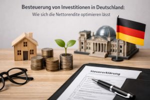 Symbolische Darstellung von Finanzen und Investitionen in Deutschland, mit Münzstapeln und einer wachsenden Pflanze als Zeichen für Vermögensaufbau, einem Modellhaus für Immobilieninvestitionen, einer deutschen Flagge und dem Reichstagsgebäude im Hintergrund sowie einer Steuererklärung mit Stift, die zeigt, wie steuerliche Planung und Finanzen die Nettorendite von Investitionen optimieren können.