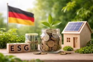 Symbolbild für nachhaltige Finanzen in Deutschland mit ESG-Bezug. Ein Glas voller Münzen mit einer wachsenden Pflanze steht neben Holzklötzen mit der Aufschrift „ESG“ und einem kleinen Haus mit Solarpanel. Im Hintergrund ist die deutsche Flagge zu sehen. Das Bild verdeutlicht, wie ESG-Kriterien und ökologische Verantwortung finanzielle Entscheidungen im Bereich Finanzen beeinflussen.
