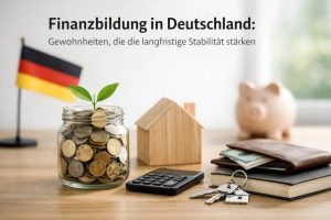 Symbolische Darstellung von Finanzbildung in Deutschland auf einem Schreibtisch: Ein Glas mit Münzen, aus dem eine kleine grüne Pflanze wächst, steht neben einem Taschenrechner, einem Holzhaus-Modell, einem Sparschwein sowie einer Brieftasche mit Geldscheinen. Im Hintergrund ist eine deutsche Flagge zu sehen. Die Szene steht für langfristige Planung, Spargewohnheiten und finanzielle Verantwortung. Sie vermittelt, wie gute Gewohnheiten im Umgang mit Geld zur Stabilität der persönlichen Finanzen beitragen und langfristige Sicherheit aufbauen können.