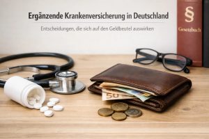Szene auf einem Schreibtisch mit medizinischen und finanziellen Elementen, die Entscheidungen rund um eine ergänzende Krankenversicherung in Deutschland symbolisieren. Auf dem Tisch liegen ein Stethoskop, ein geöffnetes Medikamentenfläschchen mit Tabletten sowie eine Brieftasche mit Euro-Banknoten und Münzen. Daneben befinden sich eine Brille und ein Gesetzbuch, was auf rechtliche und gesundheitliche Aspekte hinweist. Die Komposition verdeutlicht den Zusammenhang zwischen Gesundheitsversorgung, Versicherungsentscheidungen und persönlichen Finanzen, da solche Entscheidungen direkten Einfluss auf das Budget und die langfristige finanzielle Planung haben können.