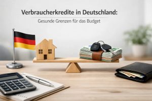 Waage mit einem Holzhaus auf der einen Seite und einem Stapel Geld mit Autoschlüsseln auf der anderen, daneben eine deutsche Flagge sowie Bürogegenstände wie Taschenrechner und Geldbörse; Darstellung von Finanzen und Verbraucherkrediten in Deutschland, die das Gleichgewicht zwischen Budget, Eigentum und finanzieller Verantwortung im Alltag symbolisiert.