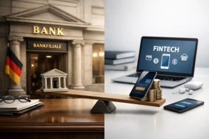 Symbolisches Bild zum Thema Banken, das den Wettbewerb zwischen traditionellen Banken in Deutschland und innovativen Fintechs darstellt. Links ist ein klassisches Bankgebäude mit Säulen und der Aufschrift „Bank“ zu sehen, das für Stabilität, Vertrauen und die lange Geschichte der Banken steht. Rechts befinden sich ein Laptop mit dem Wort „Fintech“, ein Smartphone und gestapelte Münzen, die digitale Finanzlösungen und technologische Innovation symbolisieren. Eine Waage in der Mitte verdeutlicht das Spannungsfeld und die Herausforderungen, denen Banken im digitalen Wandel gegenüberstehen. Das Bild vermittelt die zentrale Idee: Traditionelle Banken in Deutschland – Herausforderungen im Wettbewerb mit Fintechs.