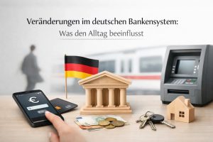 Eine moderne Darstellung des deutschen Bankensystems mit einem Smartphone für digitales Banking, Kreditkarten, Bargeld und Münzen, einem Modell einer Bank, einem Geldautomaten sowie einem kleinen Haus und Schlüsseln, ergänzt durch eine Deutschlandflagge im Hintergrund, die zusammen die Veränderungen im Alltag durch Banken und Finanzsysteme in Deutschland symbolisieren.